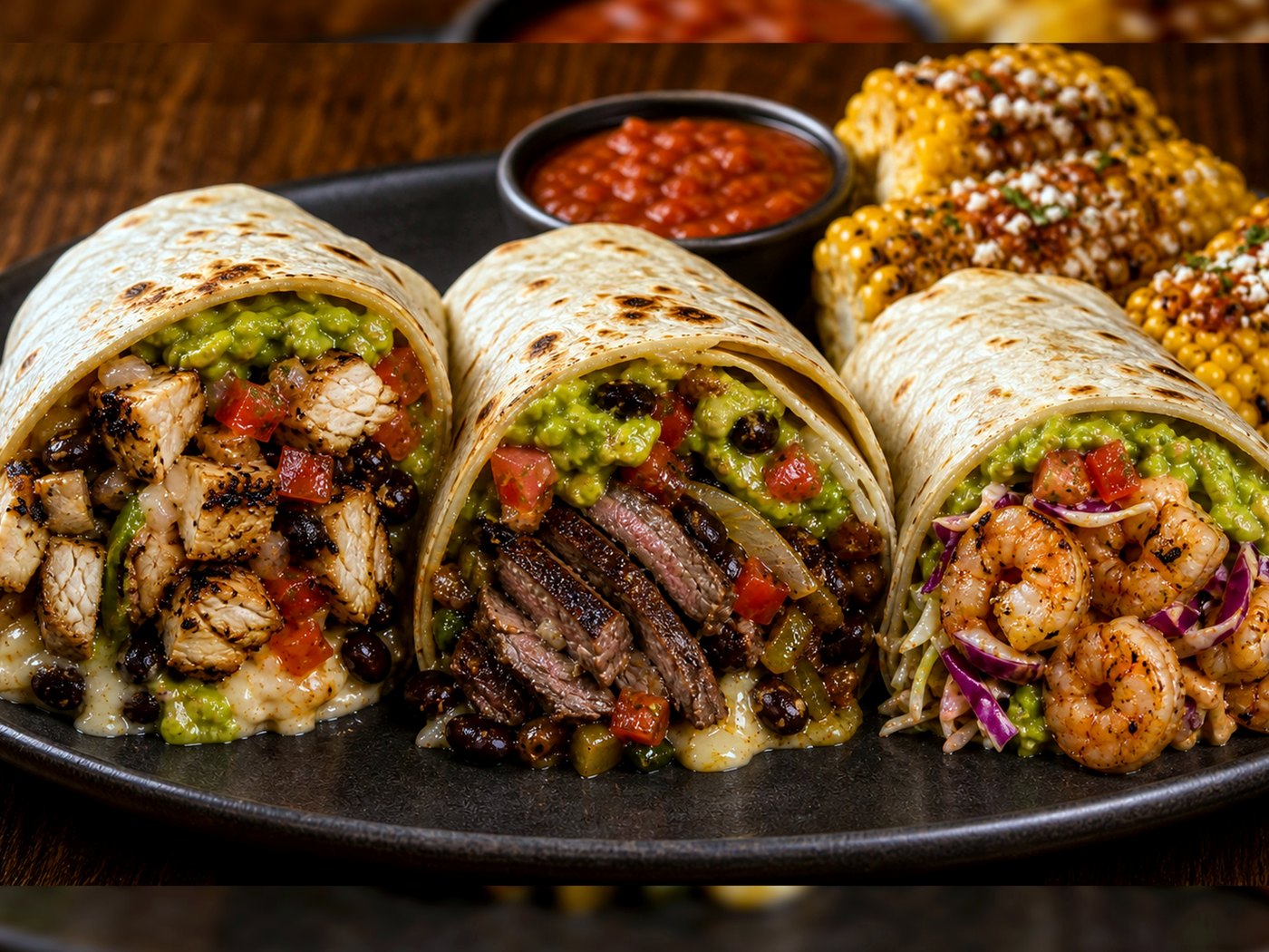 Burritos abiertos con salsas y elote para servicio de evento